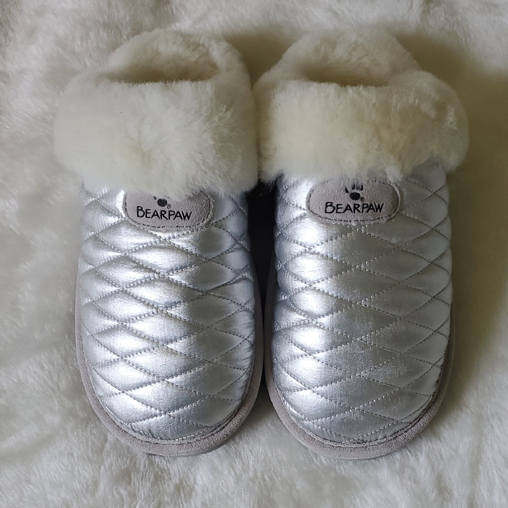 BearPaw Metallic Silver Quilted Slippers Brand New In Box!